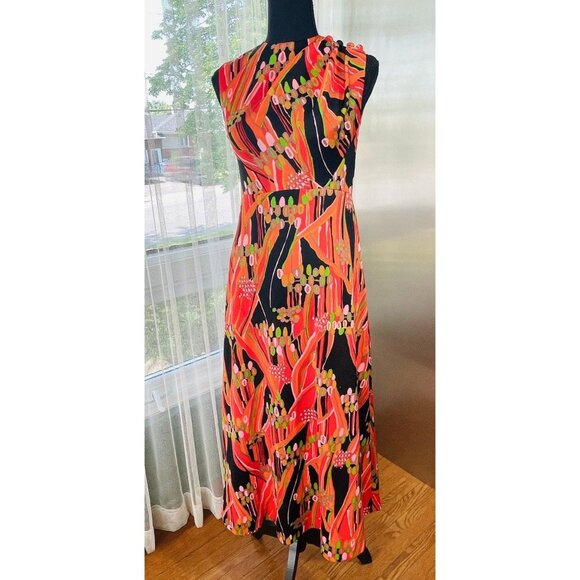 Vintage 60s dress, MOD orange green black large abstract pattern, - Picture 2 of 9
